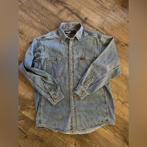 Wranglers Button Down Shirt Men's L Blue Denim Riggs Workwear 100% Cotton